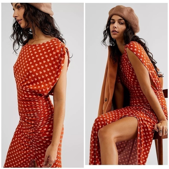 Free People Lakeside Heart Printed Midi Dress Orange Ginger Combo Sz XS NWT - Picture 3 of 9